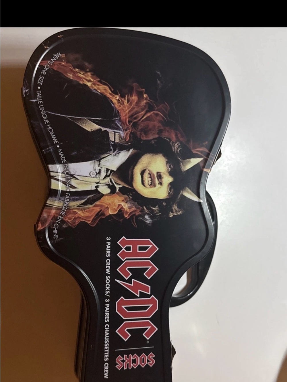 AC/DC Black Guitar-Shaped Tin Case with Red Logo and Flame Artwork